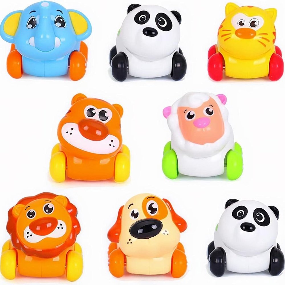 Cartoon Animals Friction Push And Go Toy Cars Play Set (Set of 8) Panda, Cat, E
